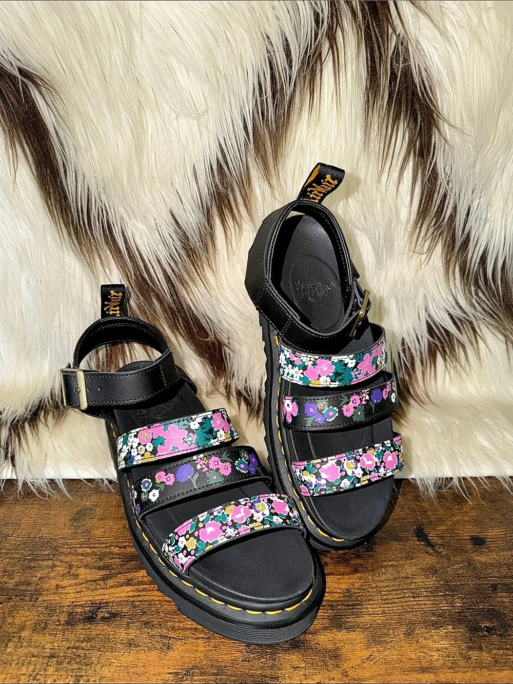 Dr. Martens Blaire Floral Mash Up Strap Sandals in Black